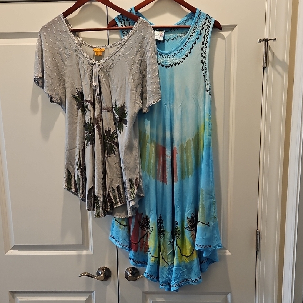 Tropical Green Top and Vibrant Multicolor Dress